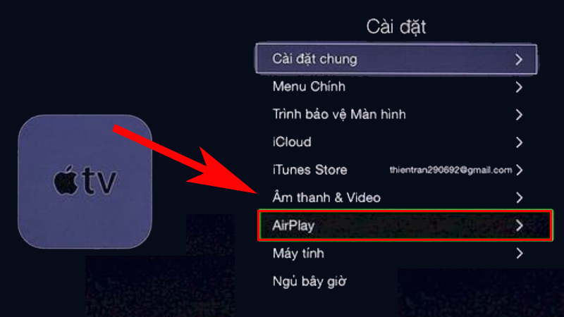 Tại phần Cài đặt của Apple TV > Chọn AirPlay > Chọn Bật